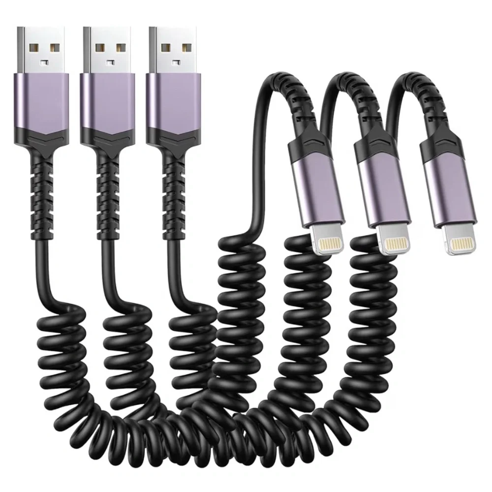 2 Pack Coiled Lightning Cable for Car Retractable iPhone Charger